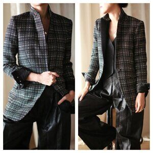 Lan Jaenicke Sloane Plaid Cashmere Peak Tuxedo Jacket Black White Size 3 US 8